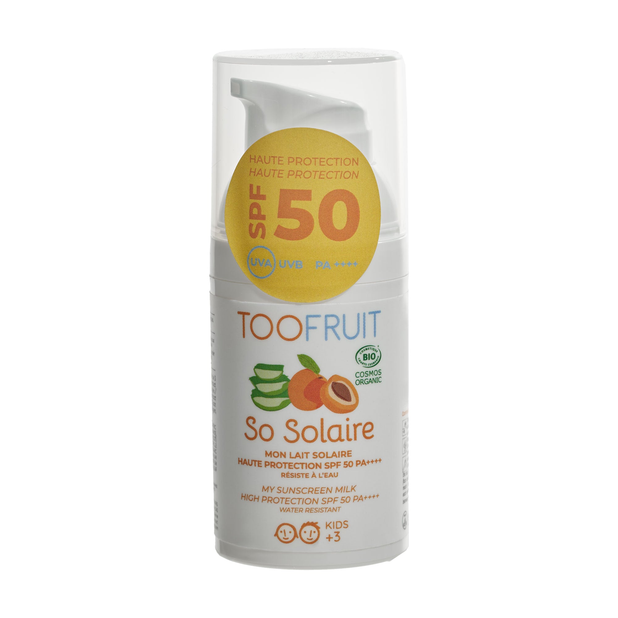 Дитяче сонцезахисне молочко-флюїд для тіла TOOFRUIT My Sunscreen Milk High Protection, SPF 50 PA++++, Абрикос-Алое вера, від 3 років, 30 мл