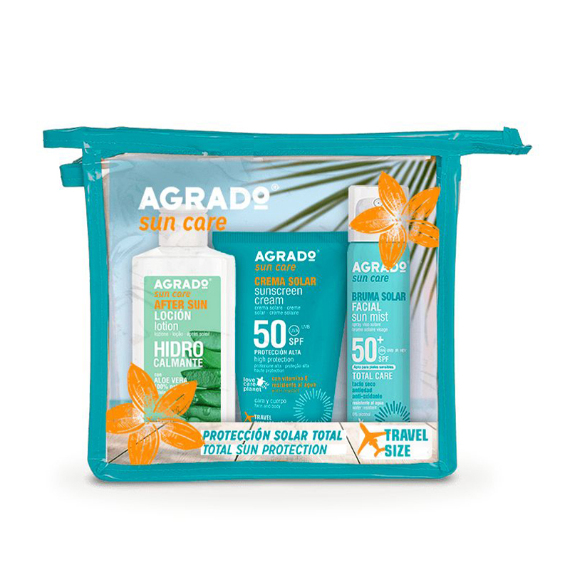 Набір Agrado Захист від сонця (лосьйон після засмаги, 100 мл + крем SPF 50, 100 мл + сухий міст SPF50, 75 мл + косметичка)